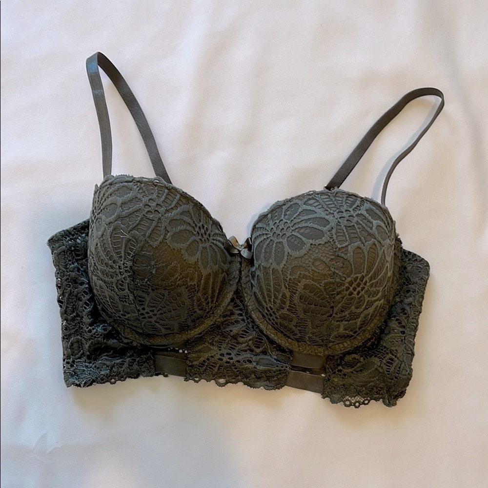 Elegant Lace Longline Push-up Bustier Bra in hunter green, size 38 B